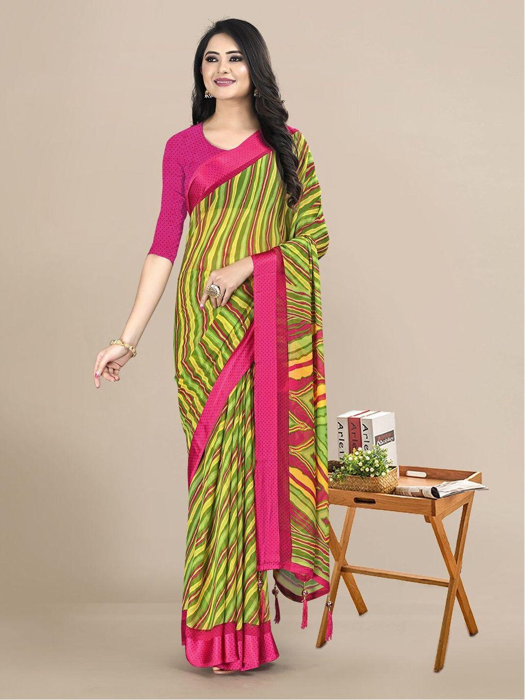 kalini green & yellow leheriya pure chiffon saree