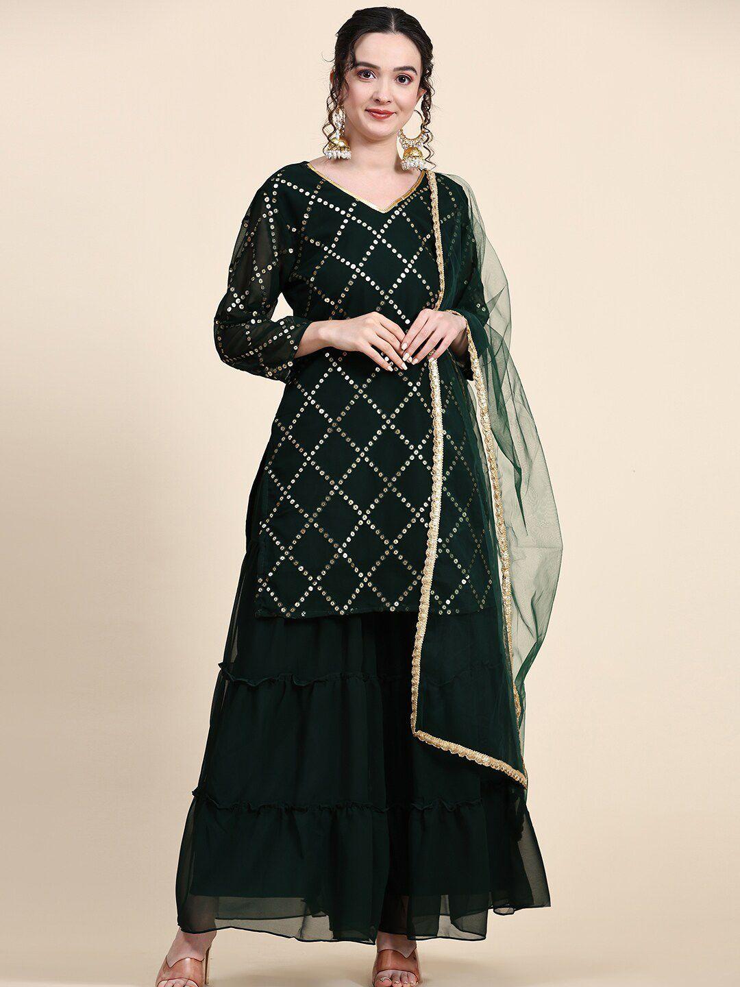 kalini green embroidered sequinned kurta with sharara & dupatta