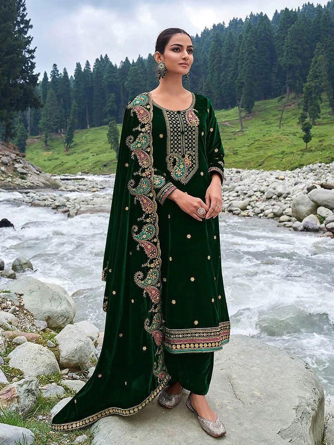 kalini green embroidered velvet unstitched dress material