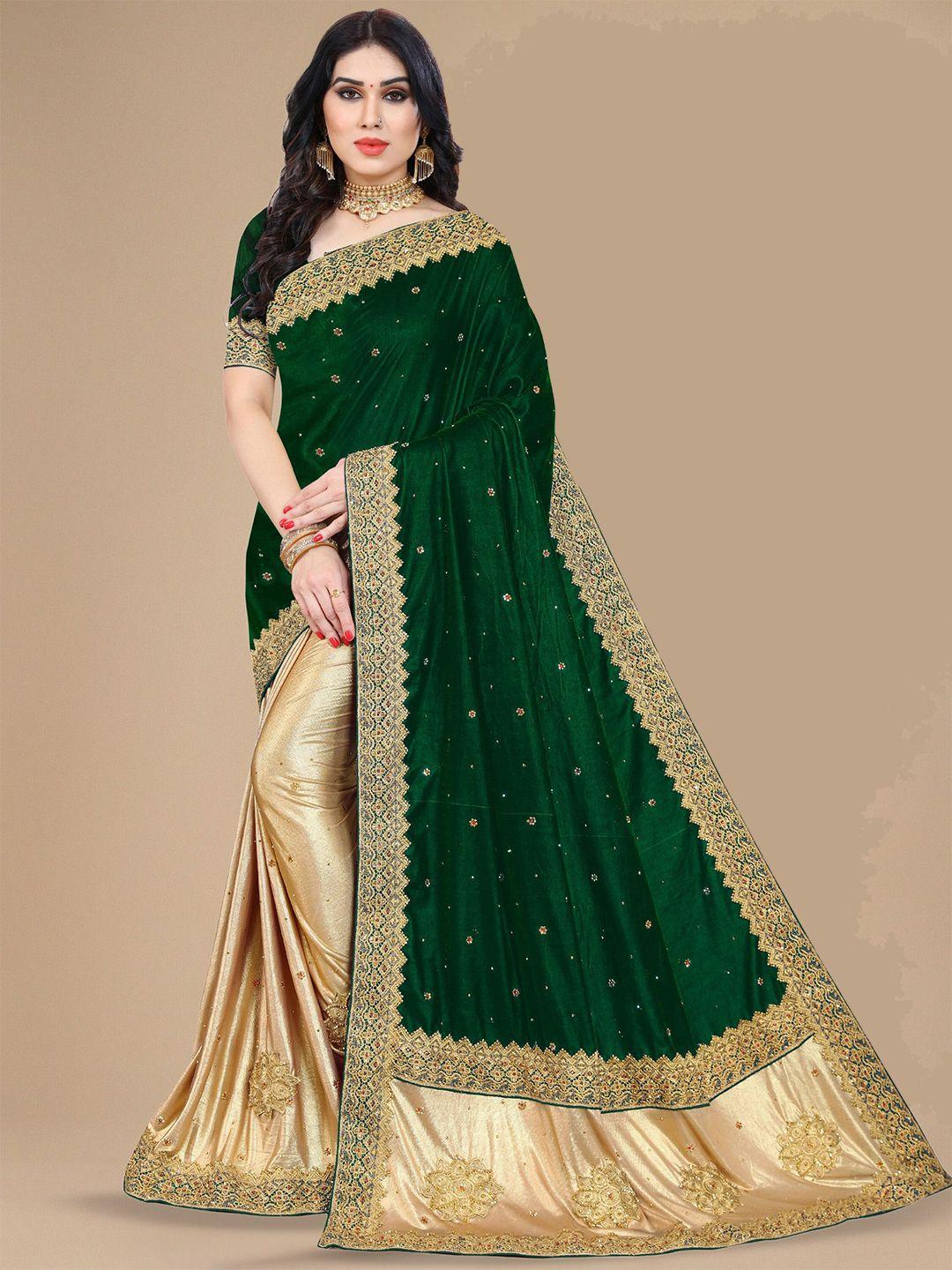 kalini green floral embroidered velvet designer saree