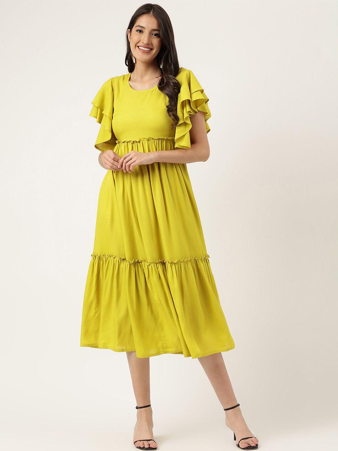 kalini green flutter sleeve layered fit & flare midi dress