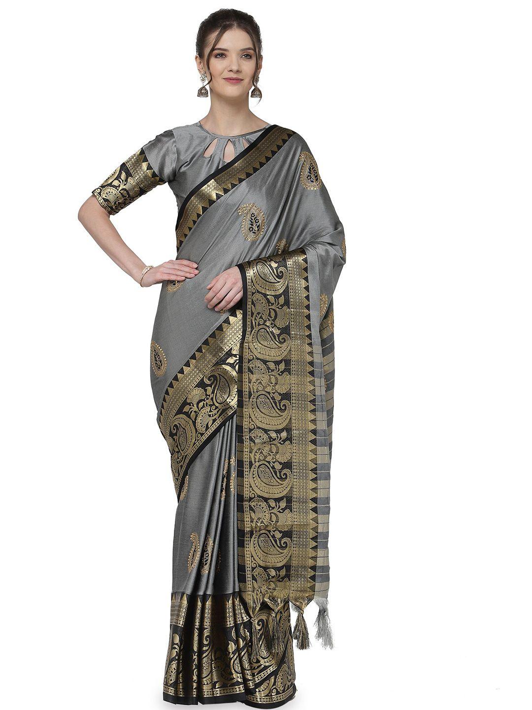 kalini grey & black floral embroidered silk cotton  banarasi saree