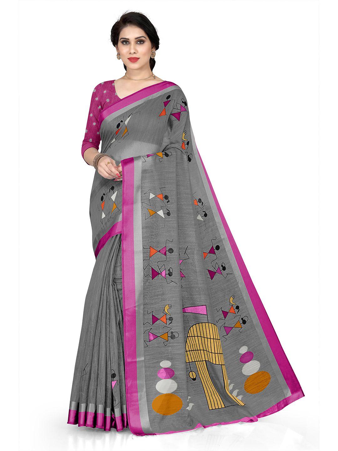kalini grey & magenta coloured warli printed saree