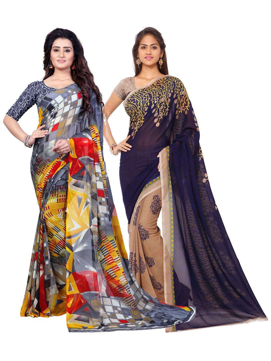kalini grey & navy blue pack of 2 printed sarees
