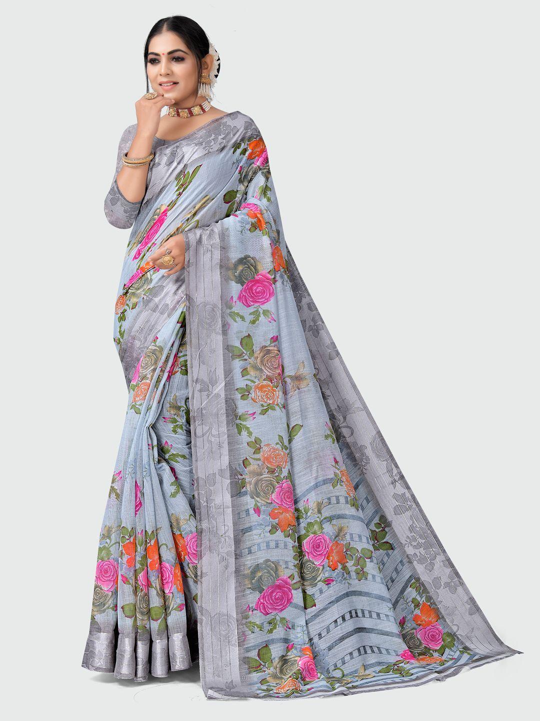 kalini grey & pink cotton floral printed saree