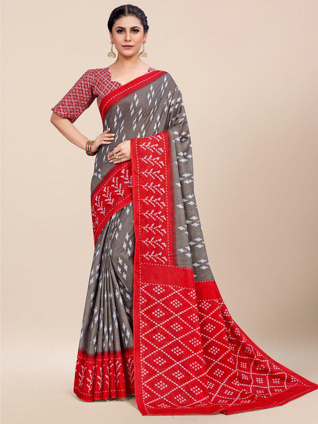 kalini grey & red pure cotton ikat saree