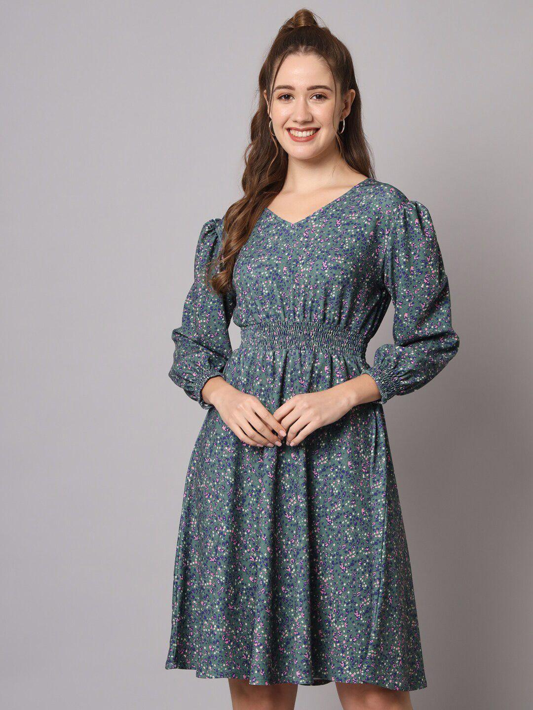 kalini grey floral print puff sleeve fit & flare dress