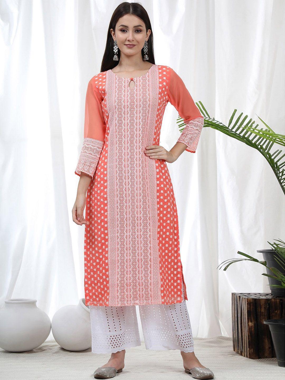 kalini keyhole neck ethnic motifs embroidered chikankari georgette kurta