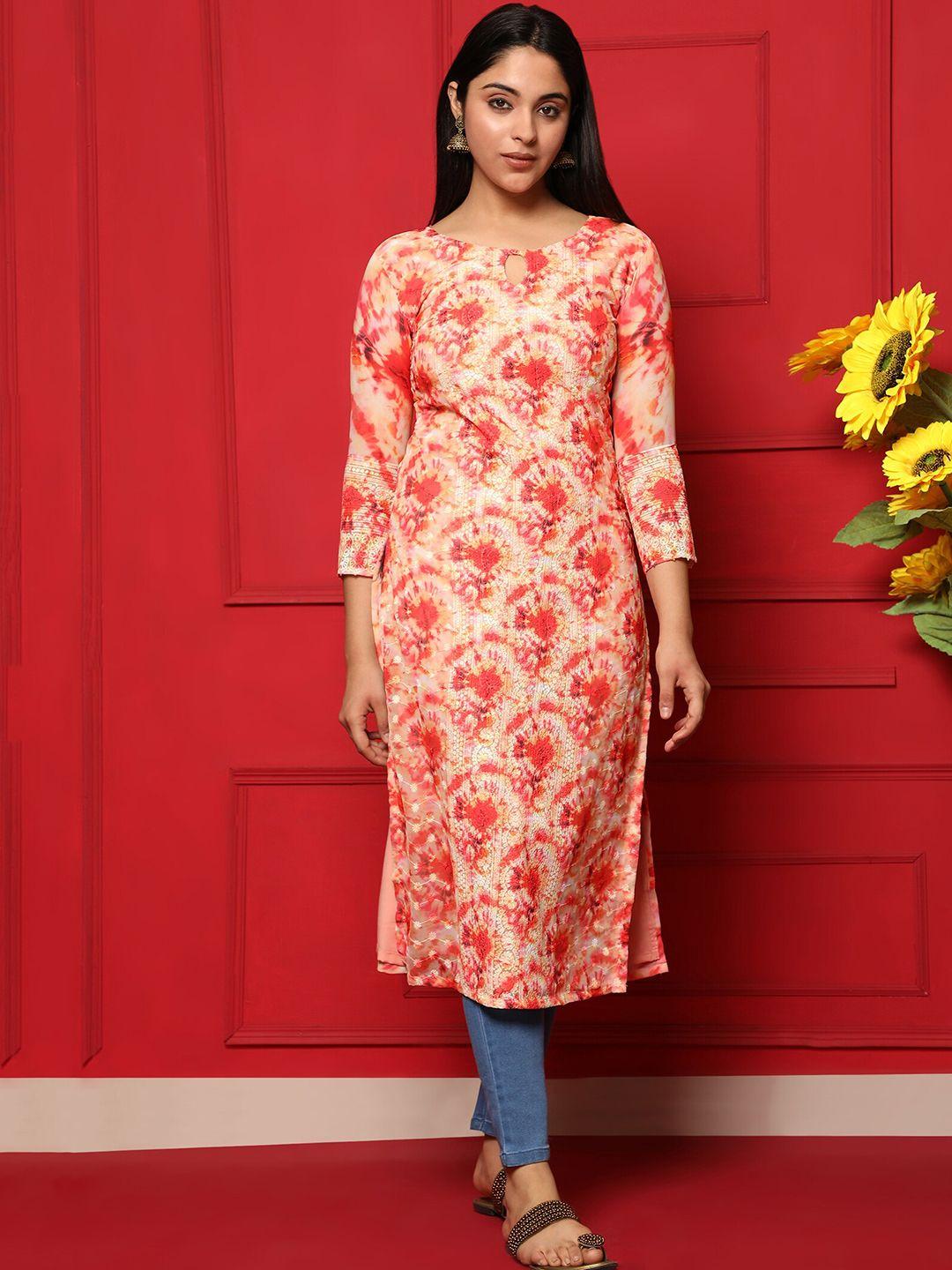 kalini keyhole neck floral printed thread work georgette kurta