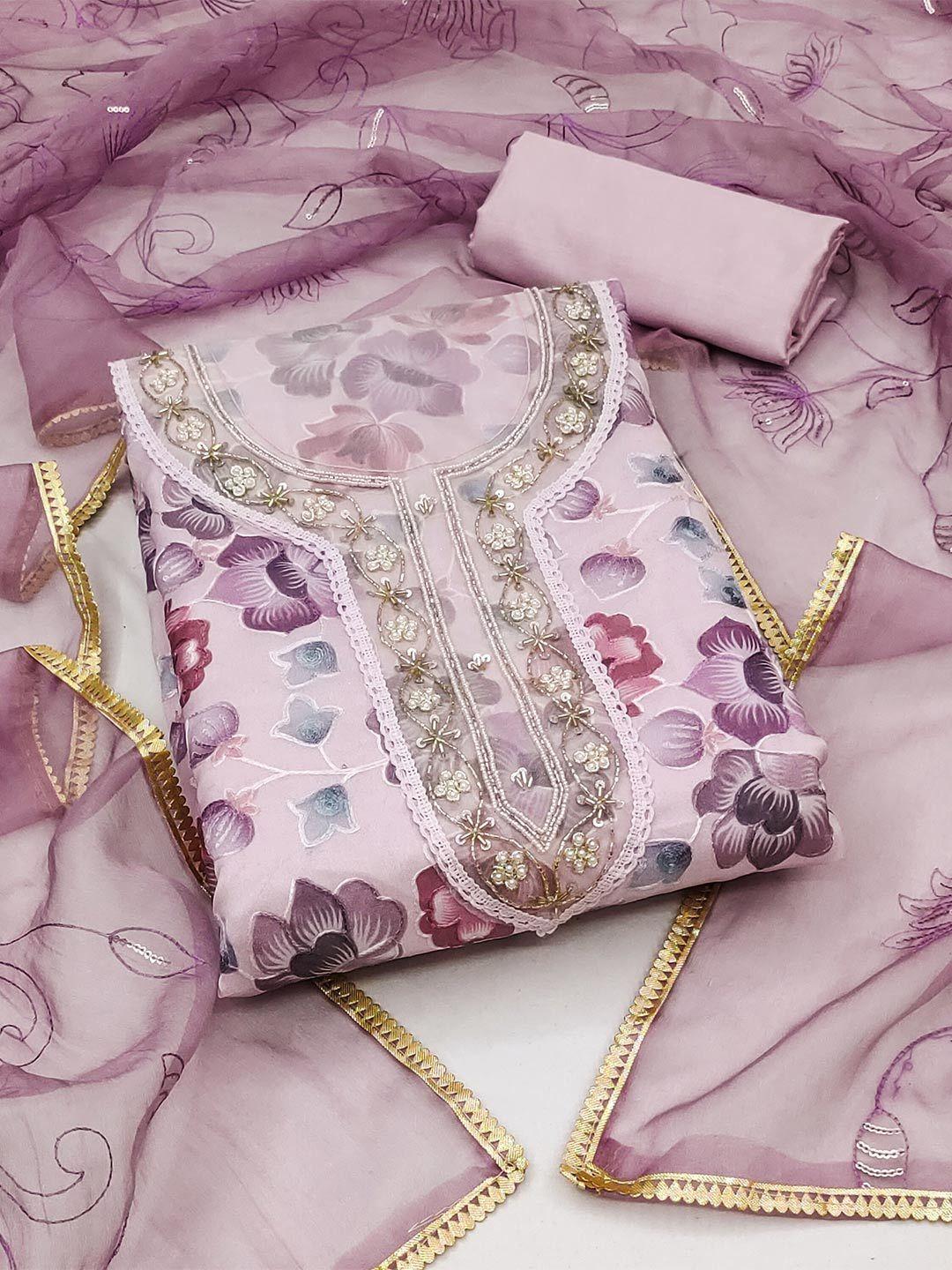 kalini lavender & pink printed organza unstitched dress material
