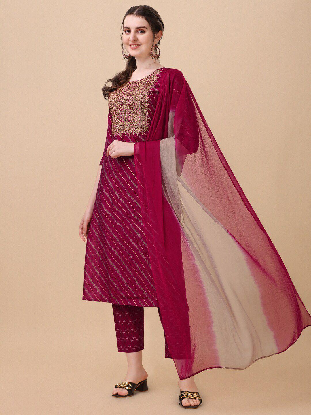 kalini leheriya printed regular thread work kurta with trousers & dupatta