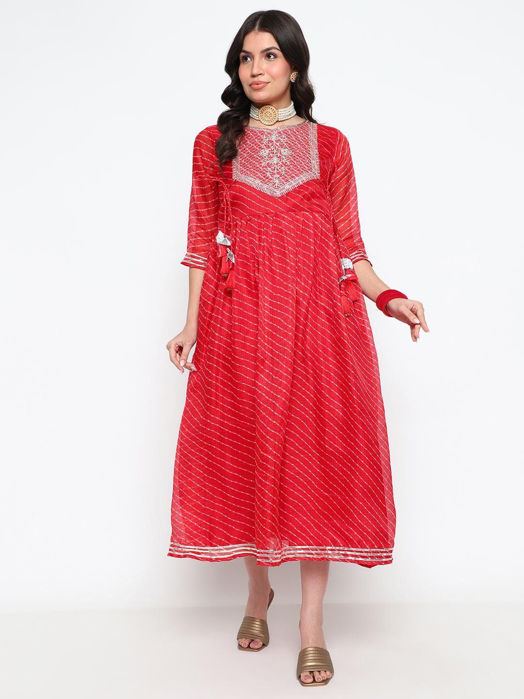 kalini leheriya printed round neck embroidered fit & flare midi ethnic dress