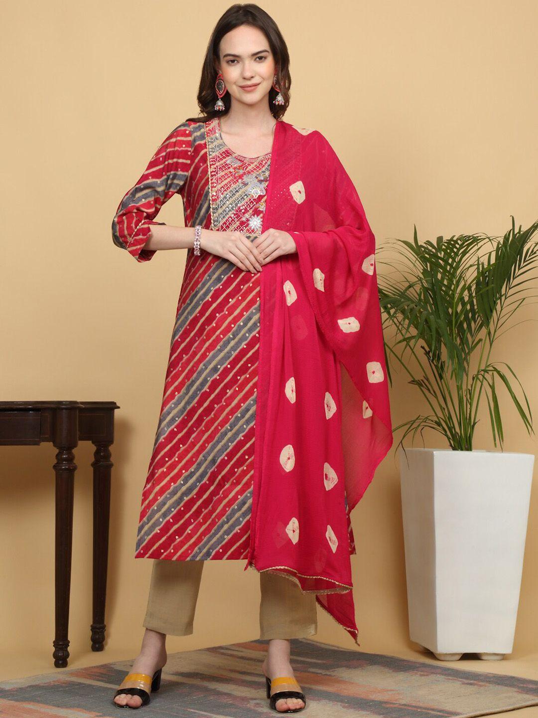 kalini leheriya printed thread work chanderi silk straight kurta & trouser with dupatta