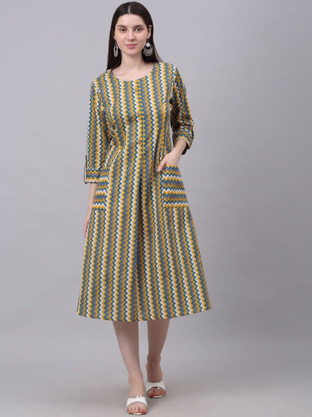 kalini lime green & grey chevron screen printed cotton ethnic a-line midi dress