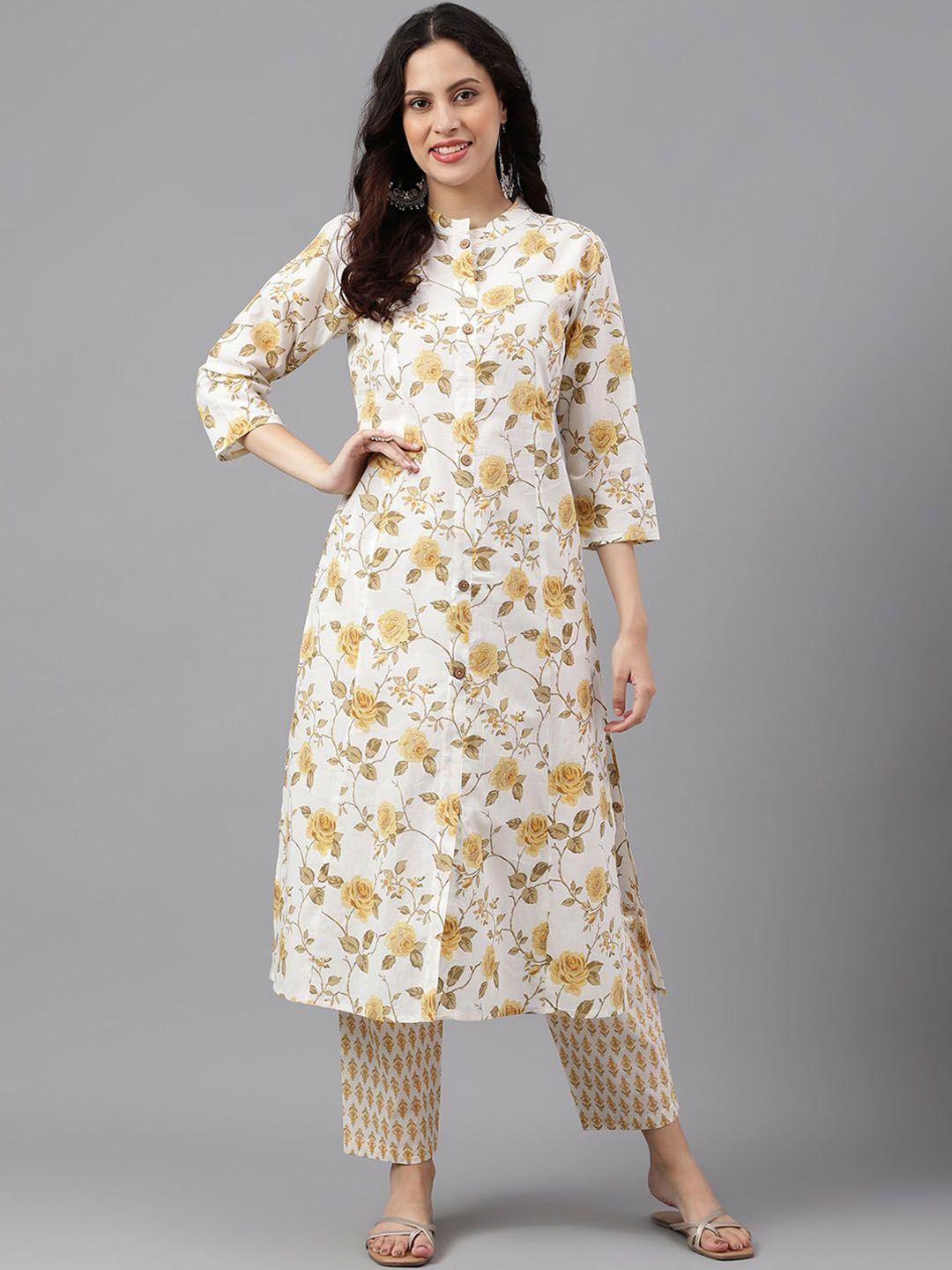 kalini mandarin collar floral printed panelled a-line pure cotton work kurta