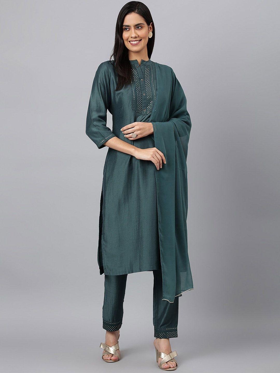kalini mandarin collar geometric yoke design kurta with trousers & with dupatta