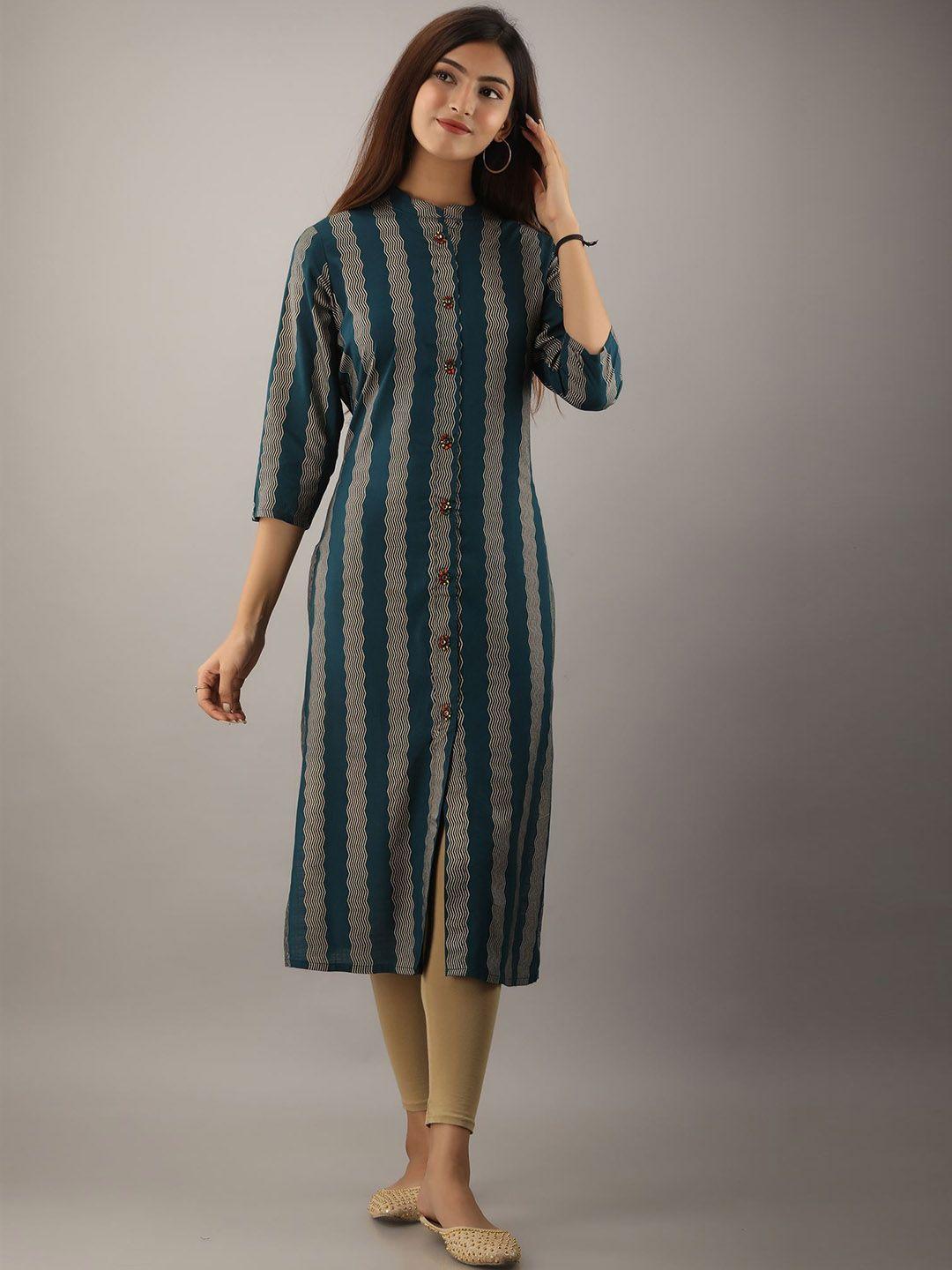 kalini mandarin collar striped printed straight kurta