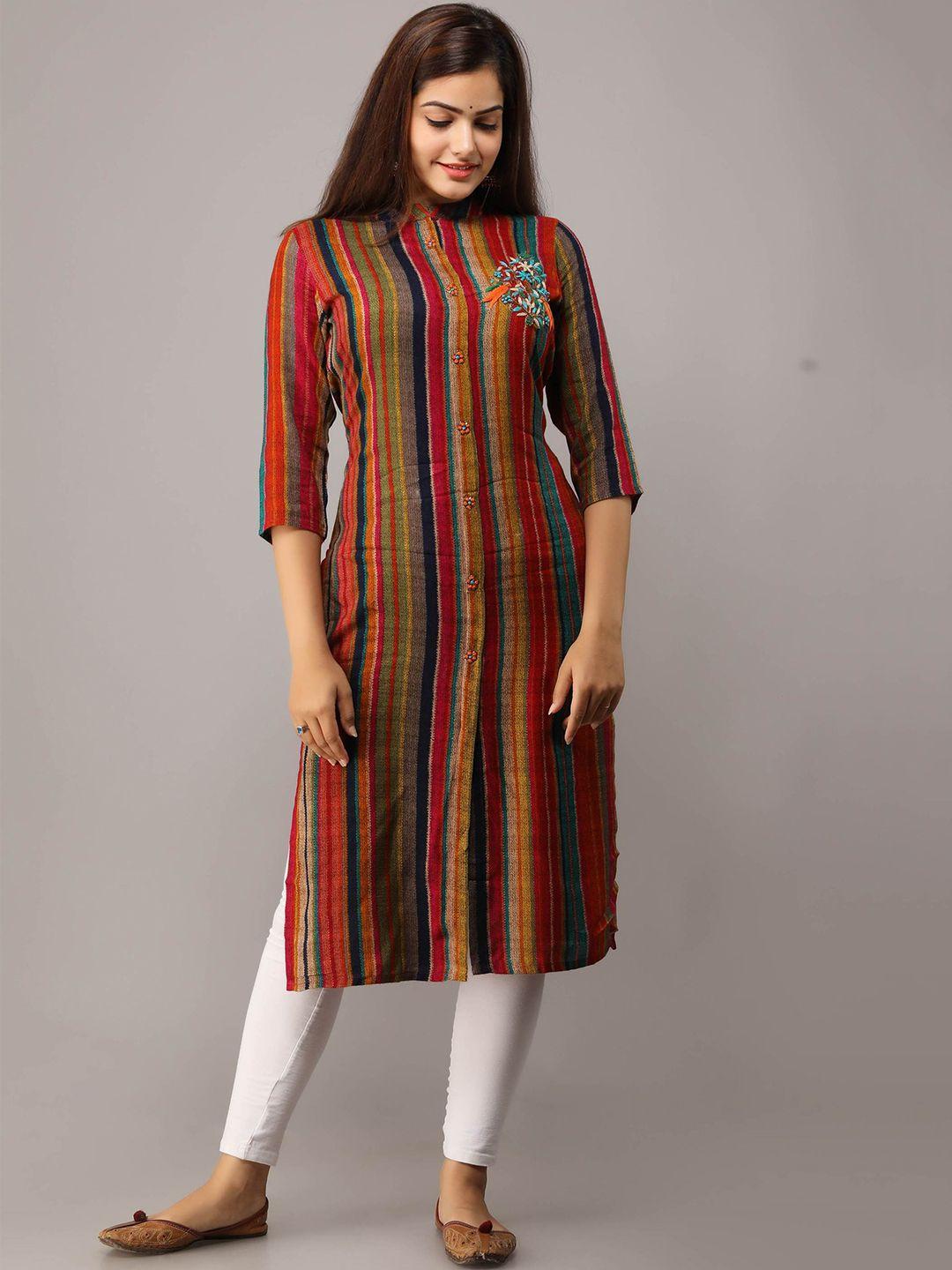 kalini mandarin collar striped thread work detail kurta