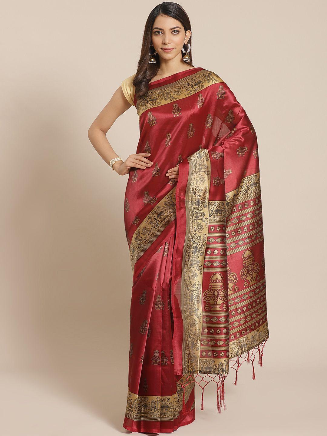 kalini maroon & beige ethnic motifs print mysore silk saree