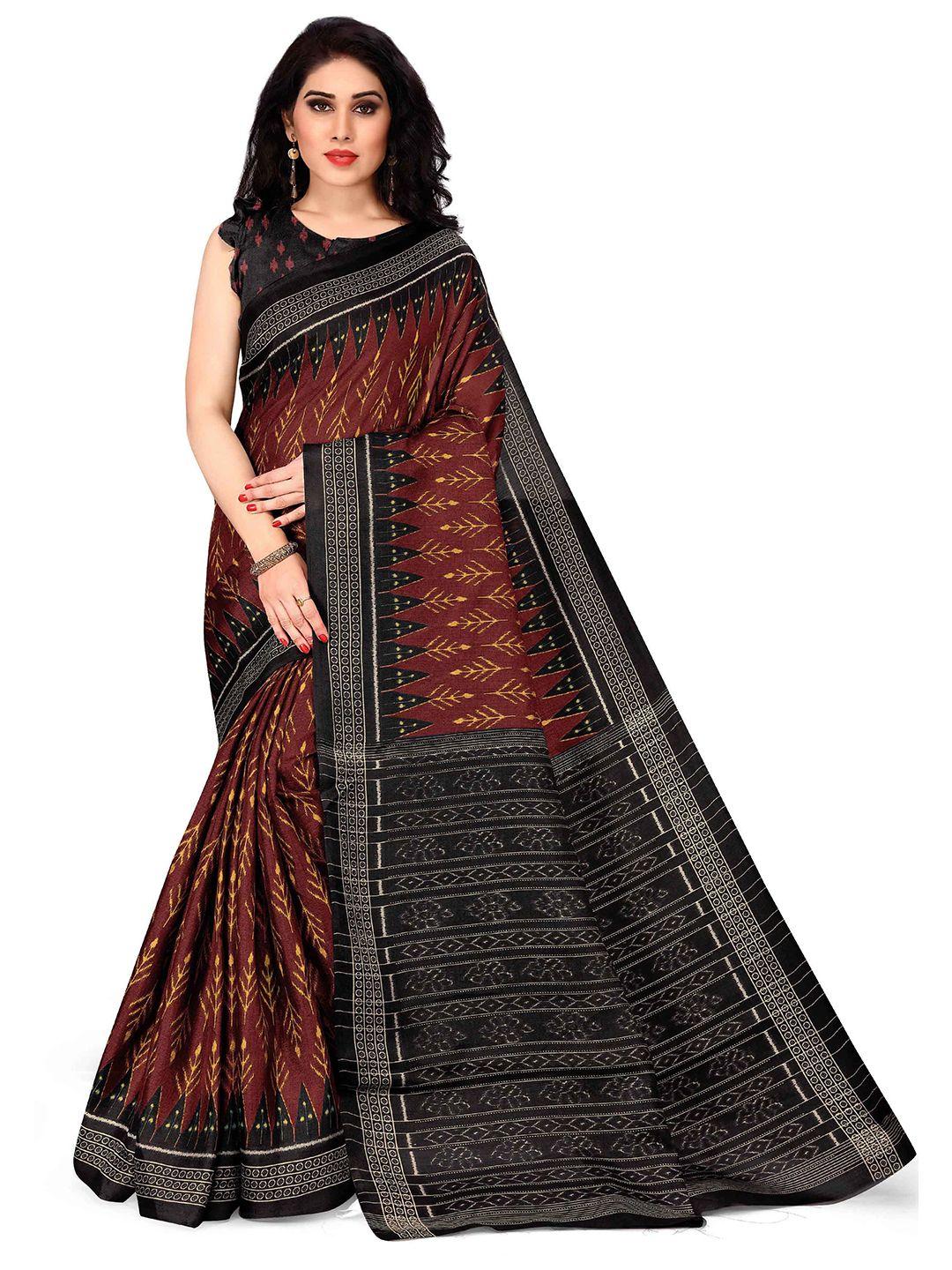 kalini maroon & black ethnic motifs printed art silk ikat saree