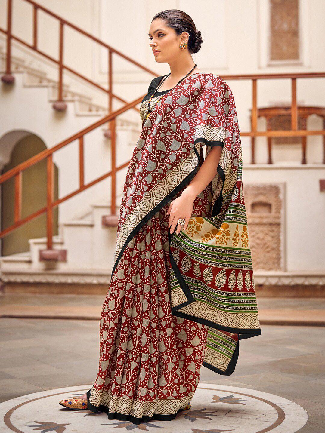 kalini maroon & black floral art silk bagru saree