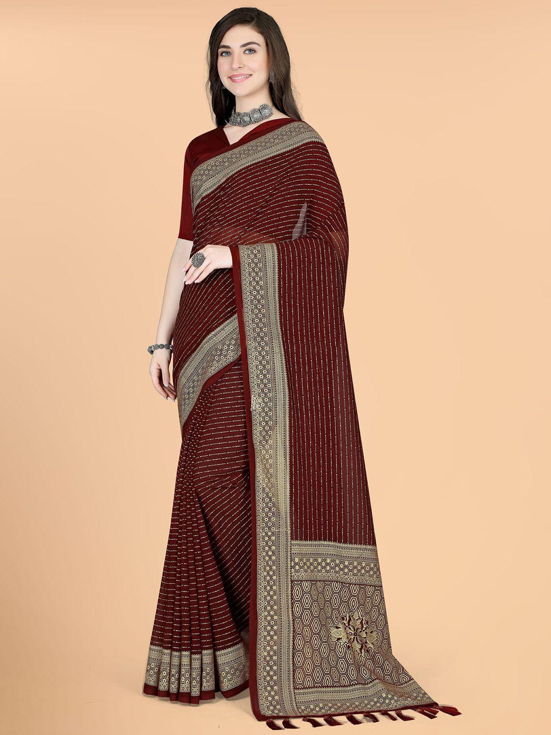 kalini maroon & gold-toned striped zari silk cotton paithani saree