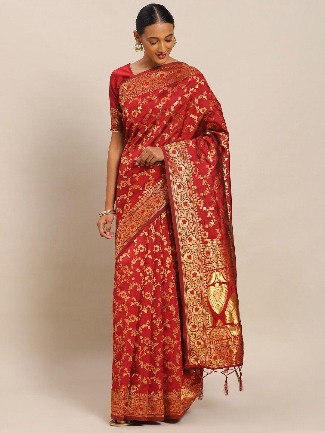 kalini maroon & gold-toned woven design zari silk blend banarasi saree