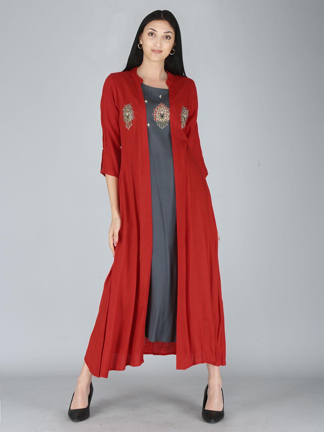 kalini maroon & grey embellished a-line midi dress & shrug