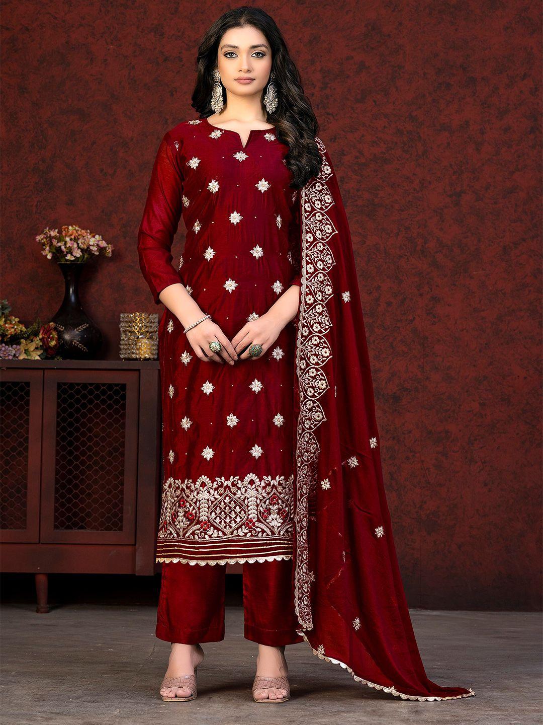 kalini maroon & maroon embroidered unstitched dress material