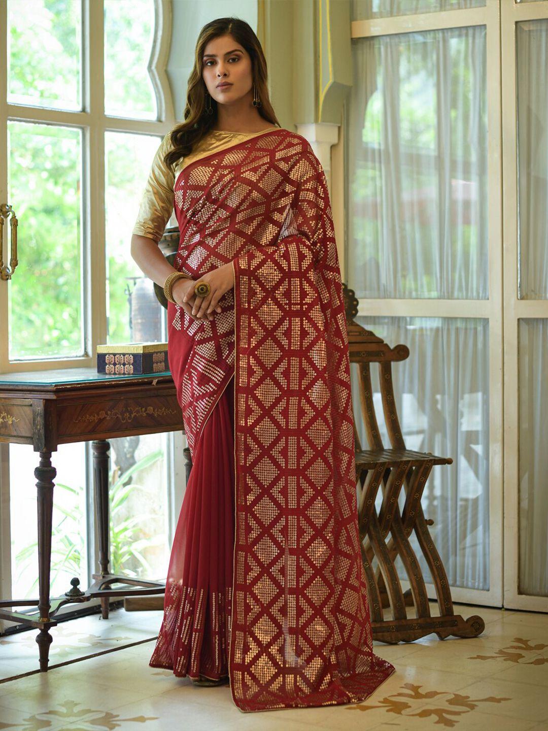 kalini maroon & silver-toned embellished embroidered poly georgette saree