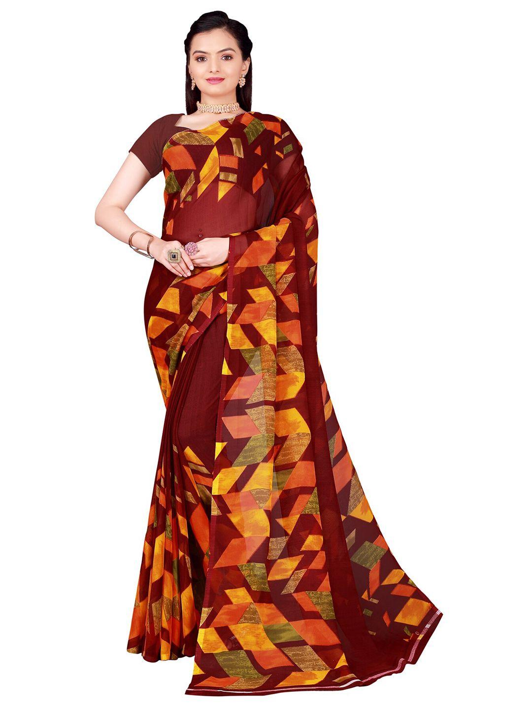 kalini maroon & yellow printed georgette saree