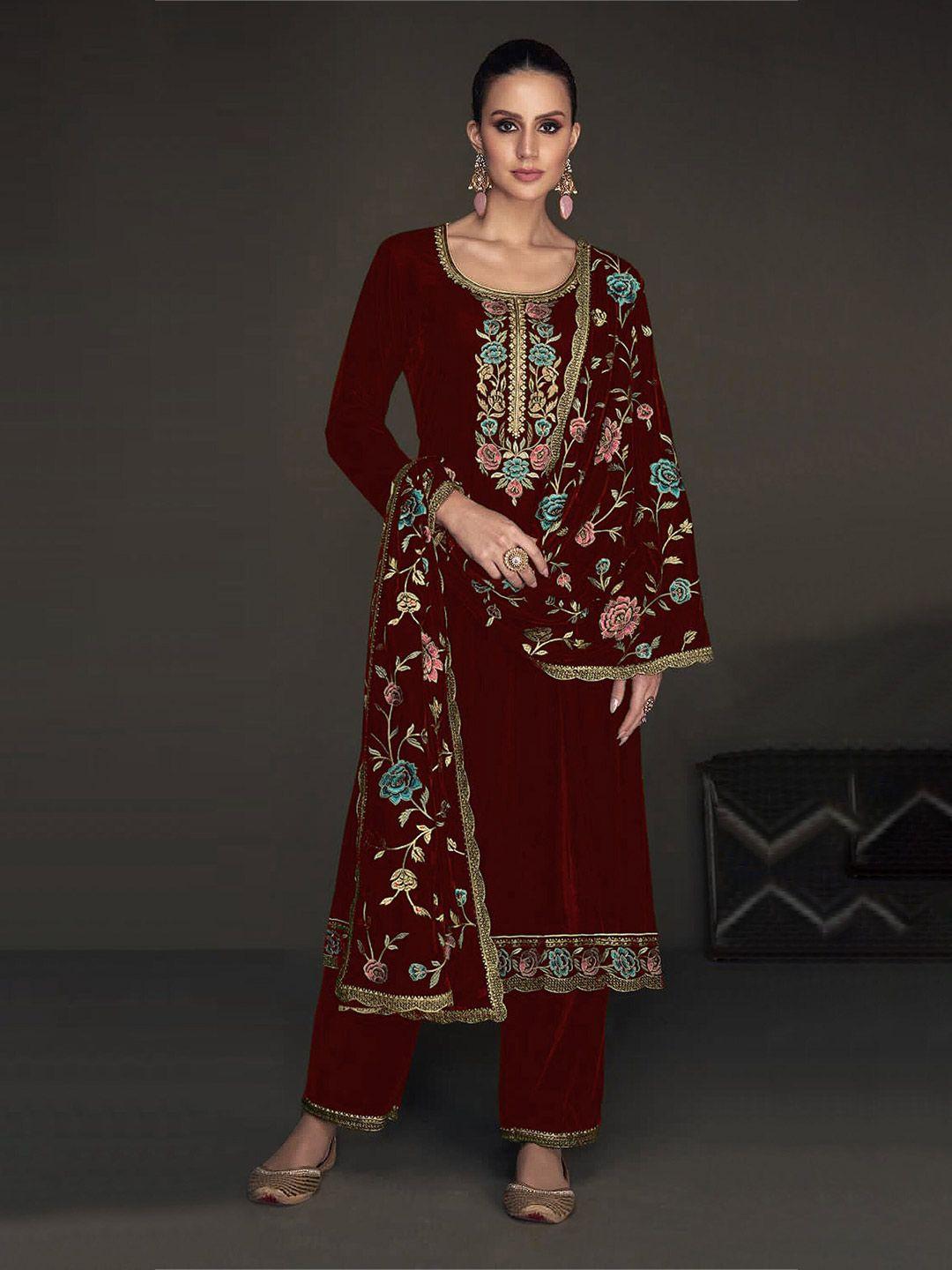 kalini maroon embroidered velvet unstitched dress material