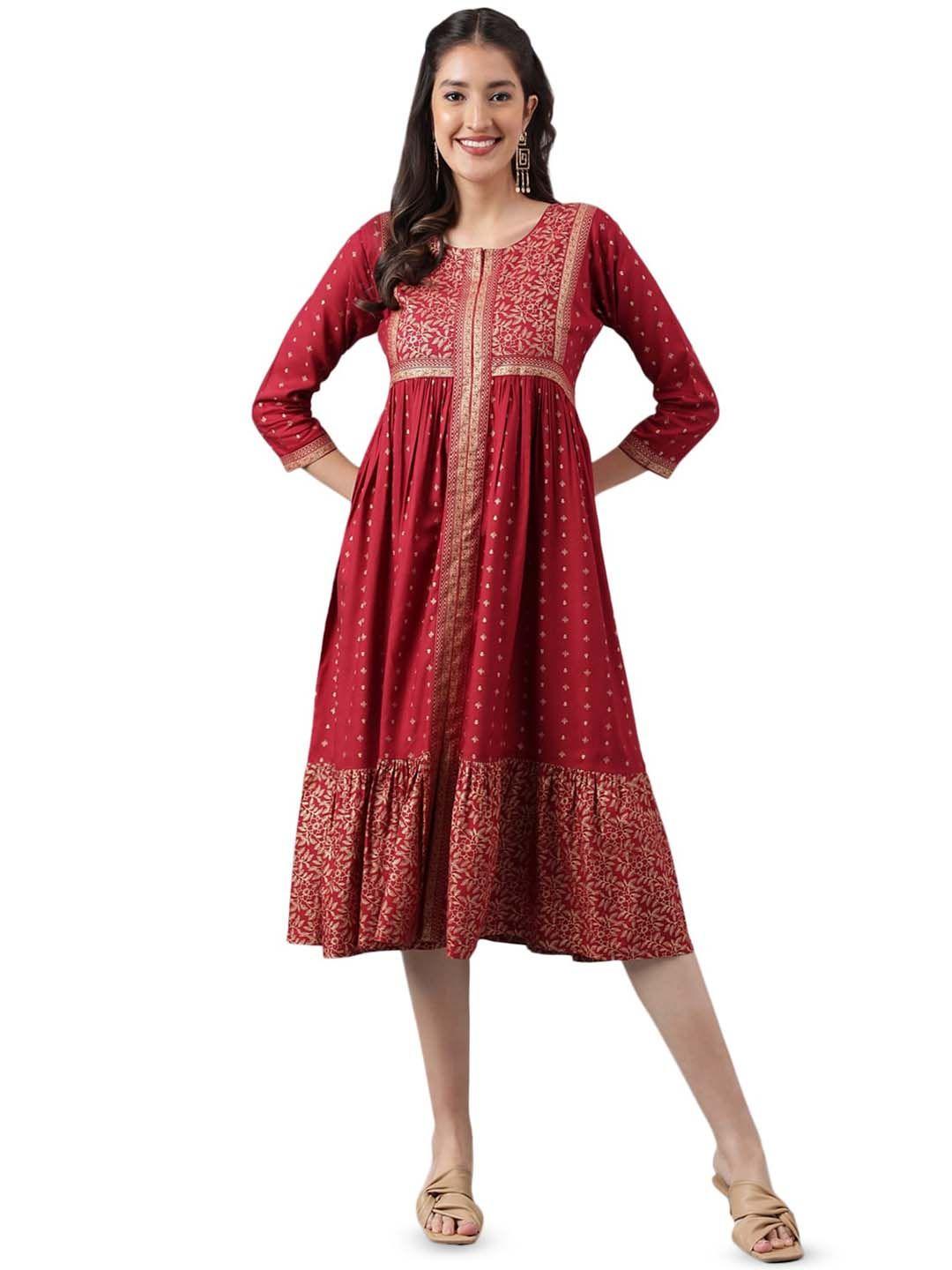 kalini maroon ethnic motifs print a-line midi dress