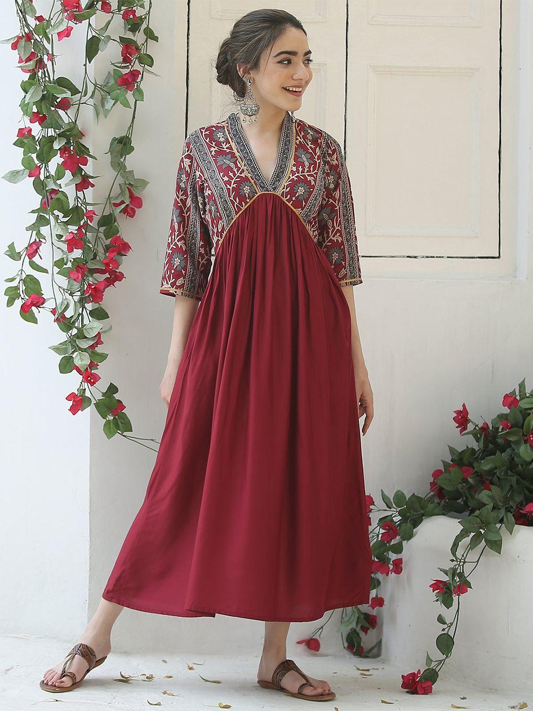 kalini maroon floral print fit & flare midi dress