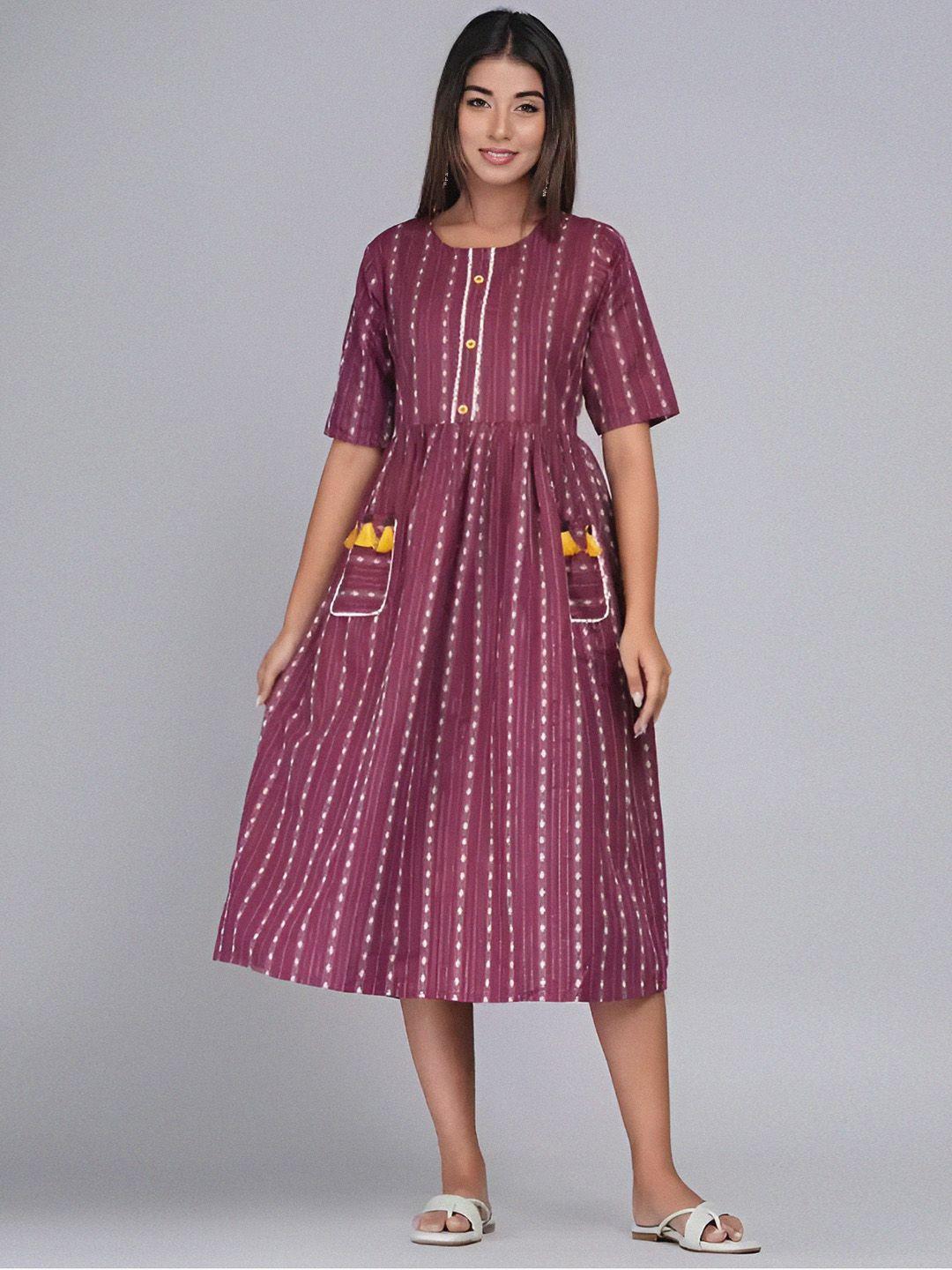 kalini maroon print with pom-pom detail fit & flare dress