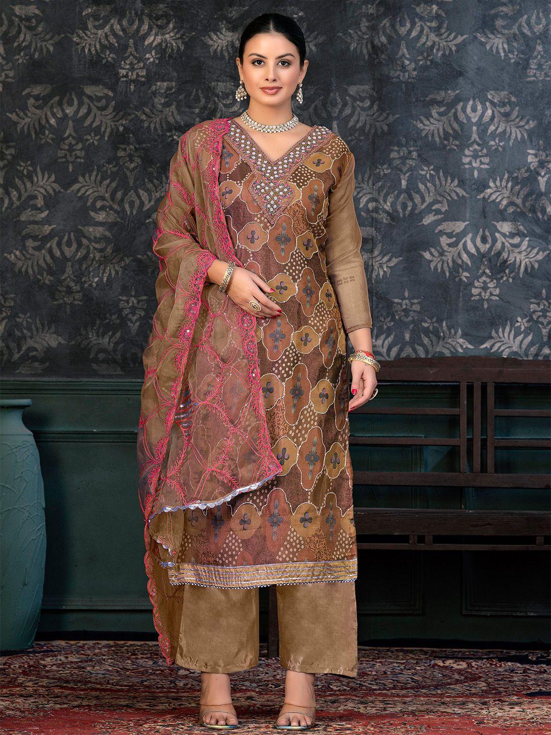 kalini multicoloured & beige embroidered organza unstitched dress material