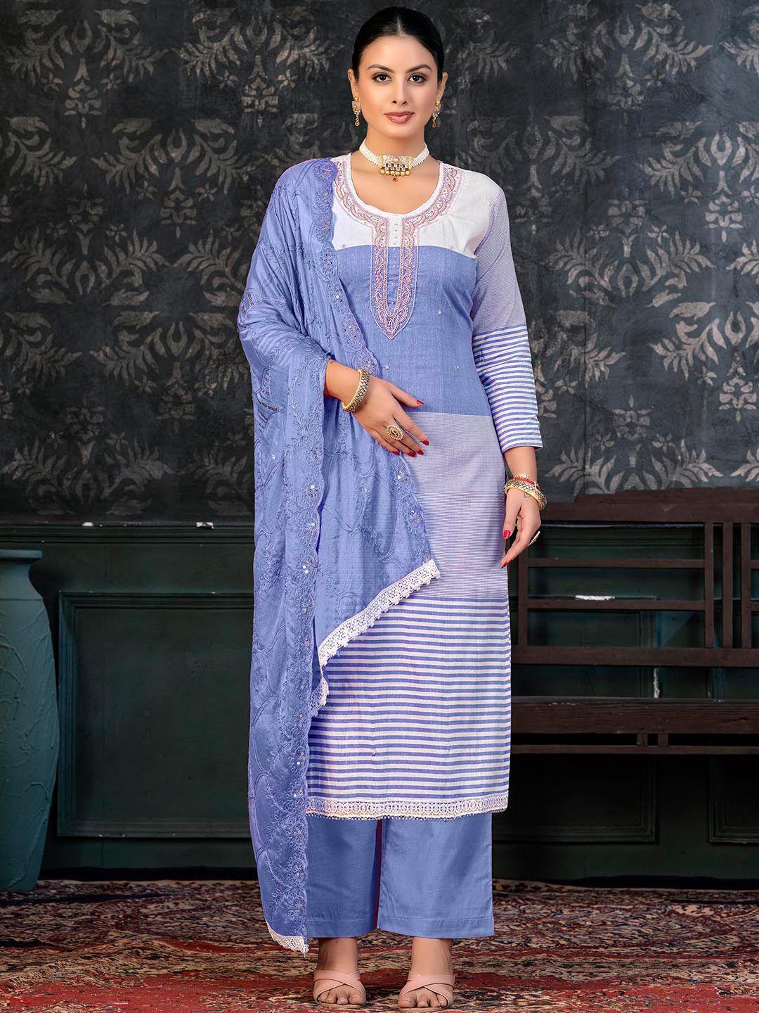 kalini multicoloured & blue embroidered pure cotton unstitched dress material