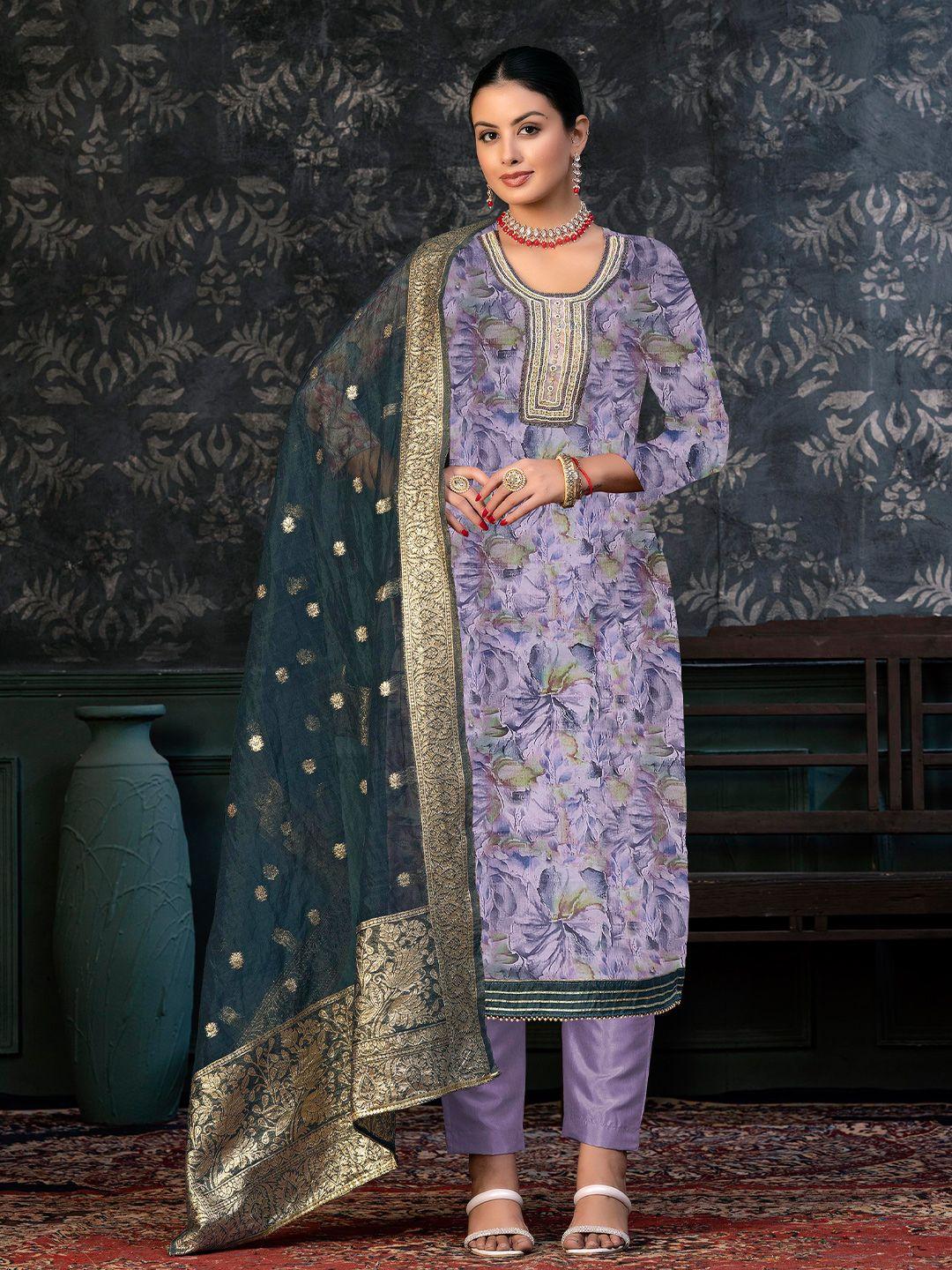 kalini multicoloured & grey embroidered organza unstitched dress material