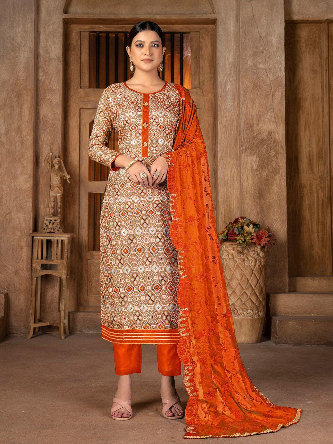 kalini multicoloured & orange embroidered unstitched dress material