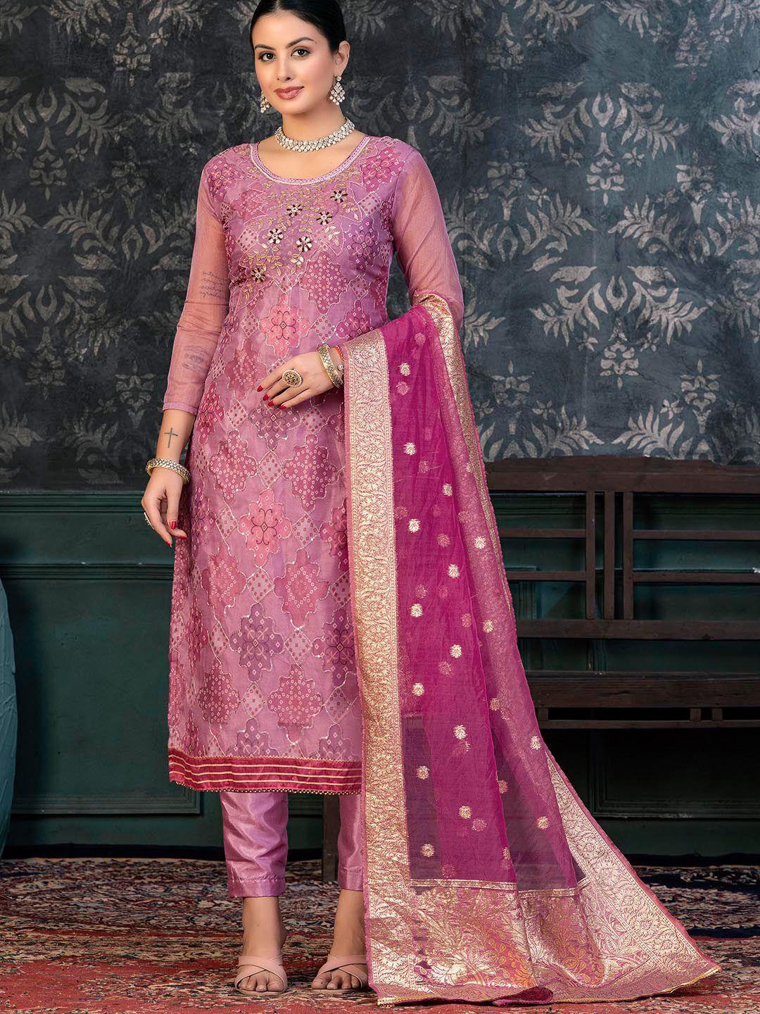 kalini multicoloured & pink embroidered organza unstitched dress material
