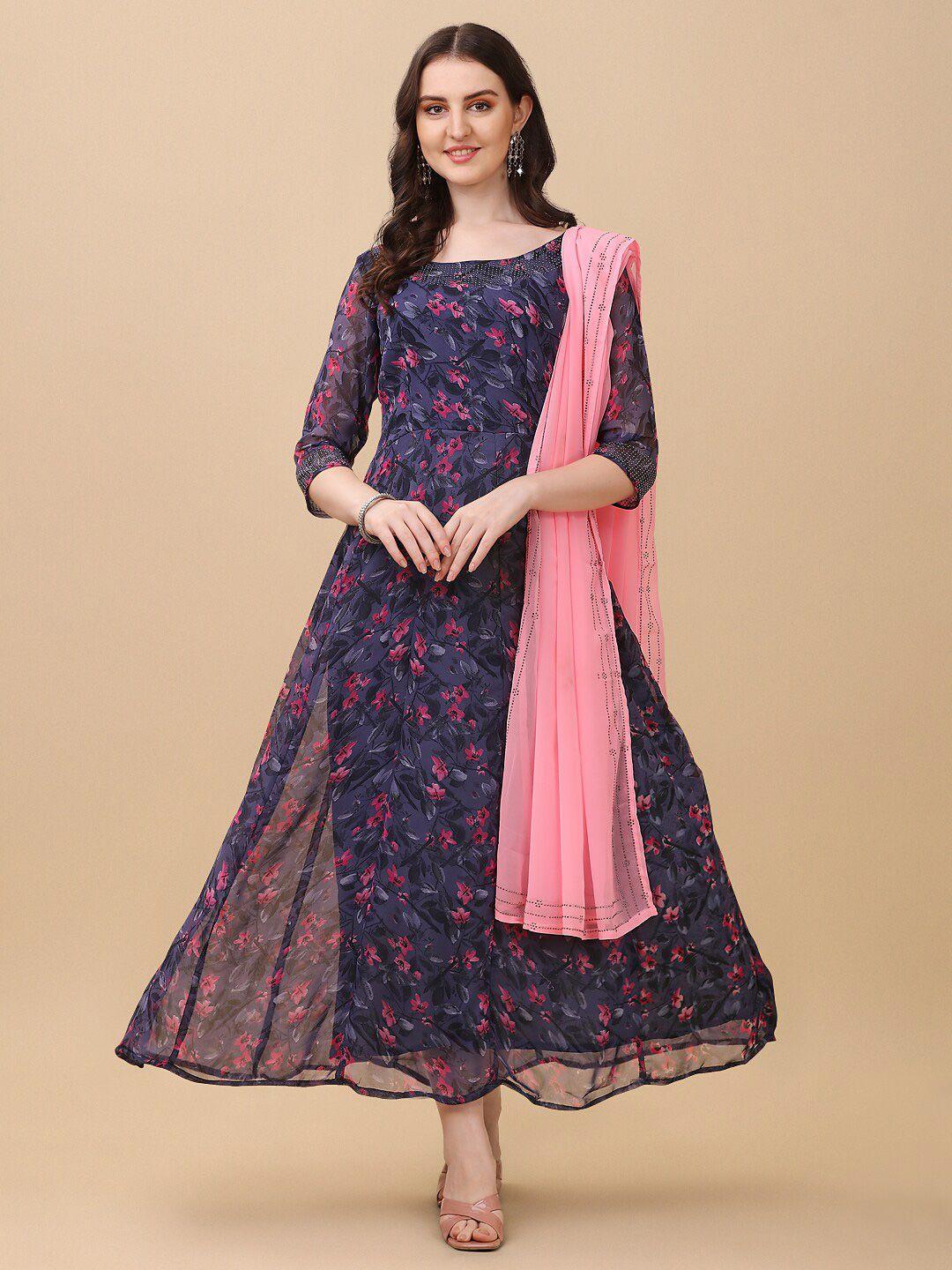kalini multicoloured floral print georgette a-line dress