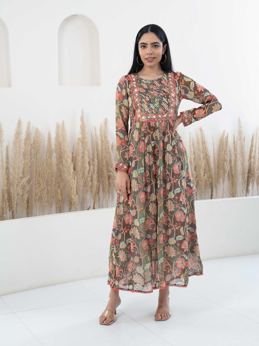 kalini multicoloured floral print georgette a-line maxi dress