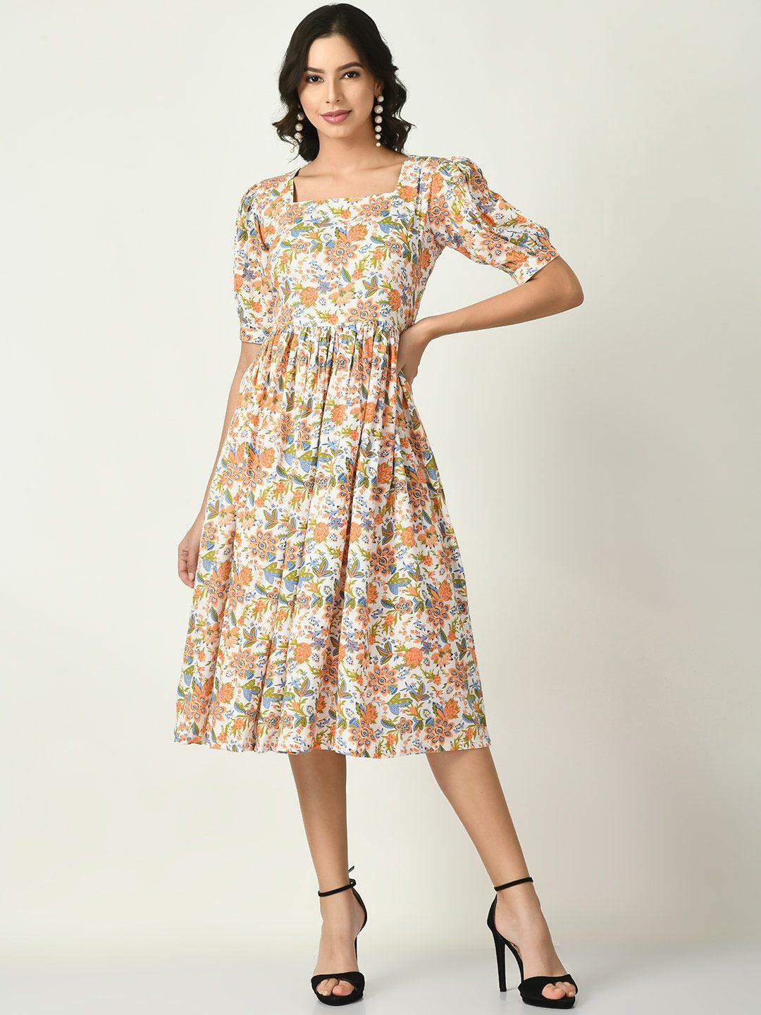 kalini multicoloured floral print puff sleeve fit & flare midi dress