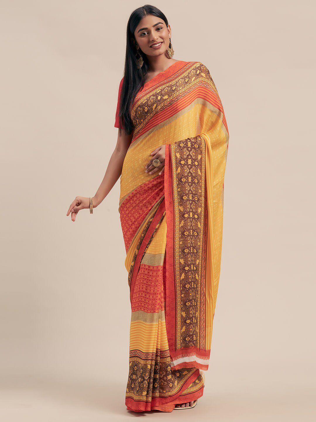 kalini mustard yellow & coral red geometric printed saree