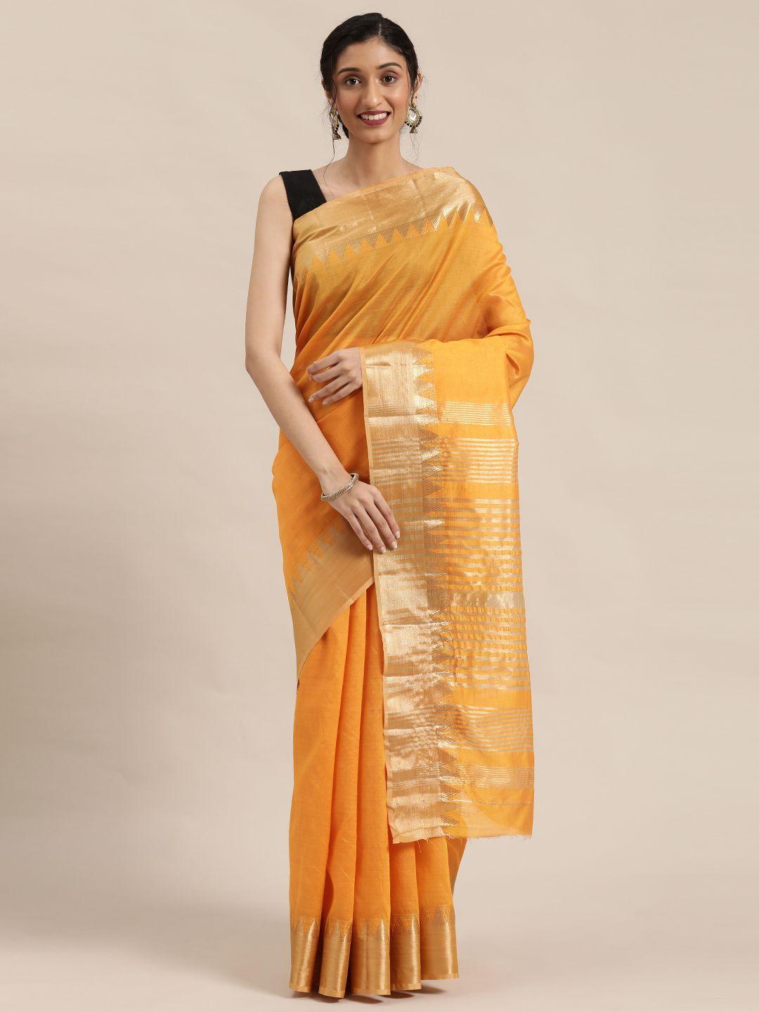 kalini mustard yellow & golden solid zari silk cotton solid saree