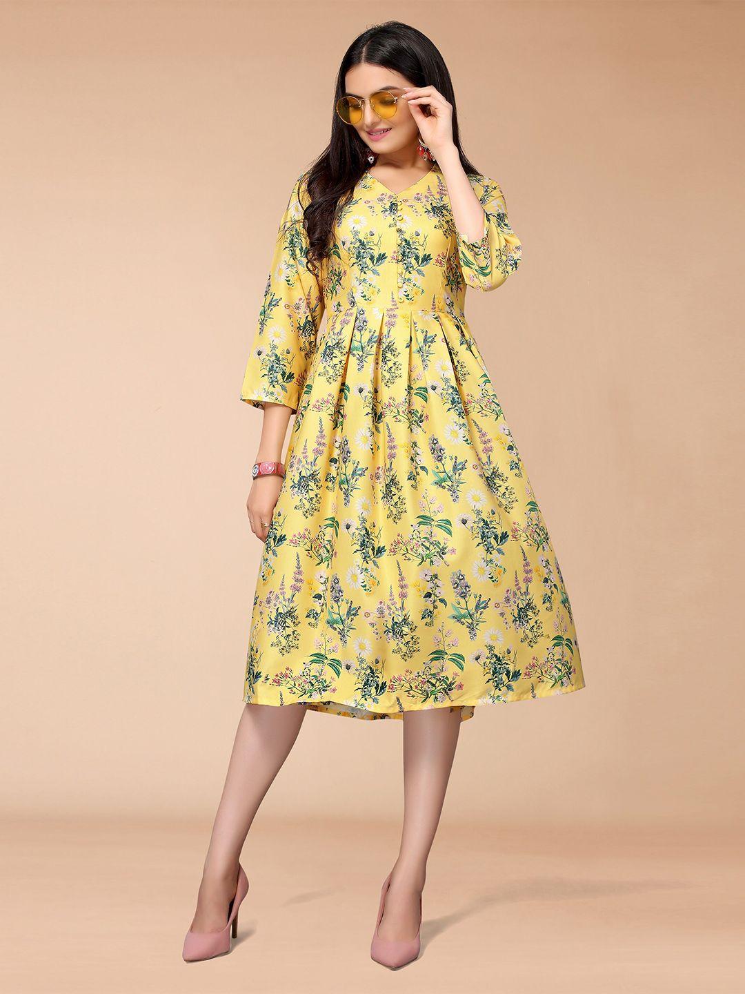 kalini mustard yellow floral crepe a-line midi dress