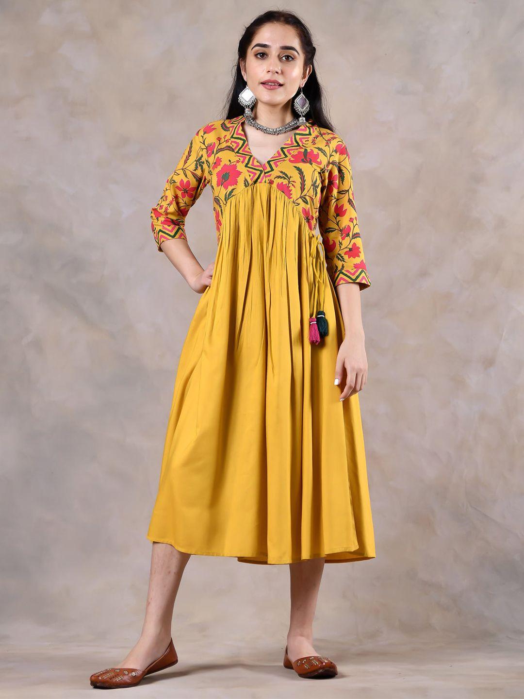 kalini mustard yellow floral print fit & flare midi dress