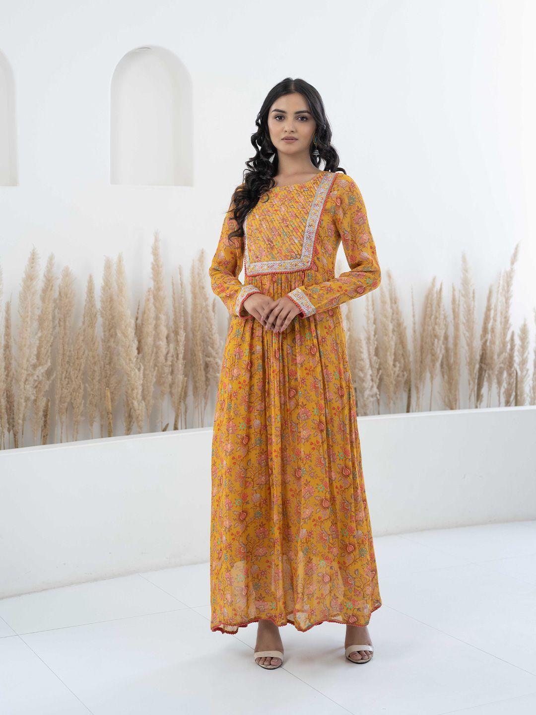 kalini mustard yellow floral print georgette maxi dress