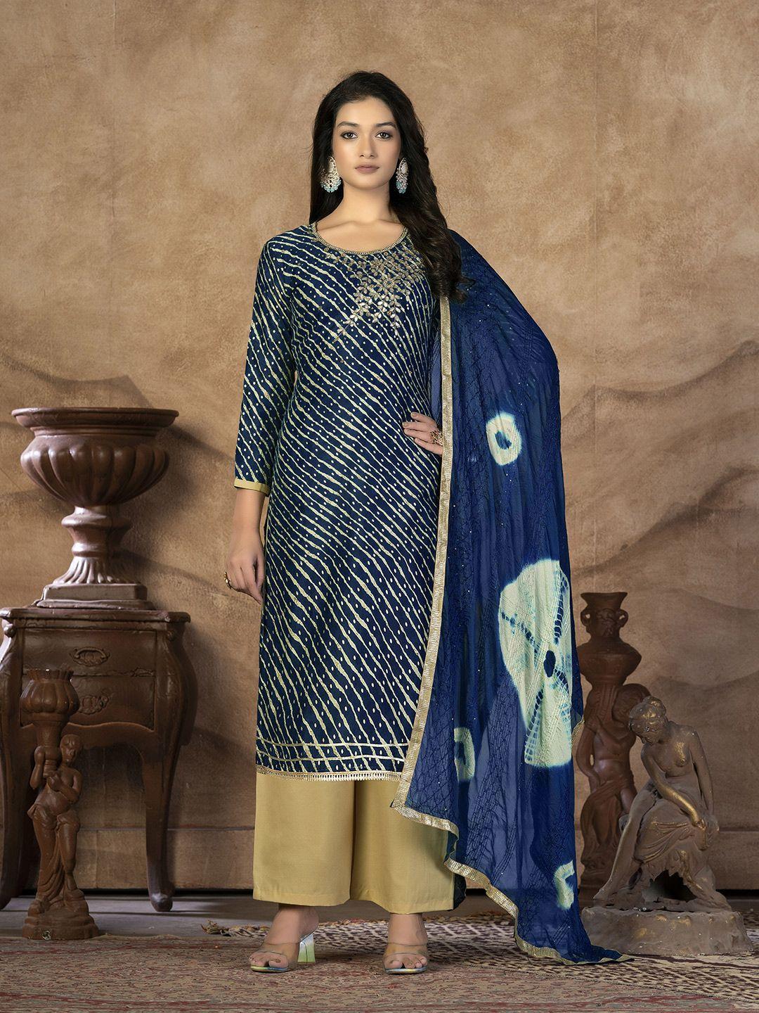 kalini navy blue & beige embroidered pure cotton unstitched dress material