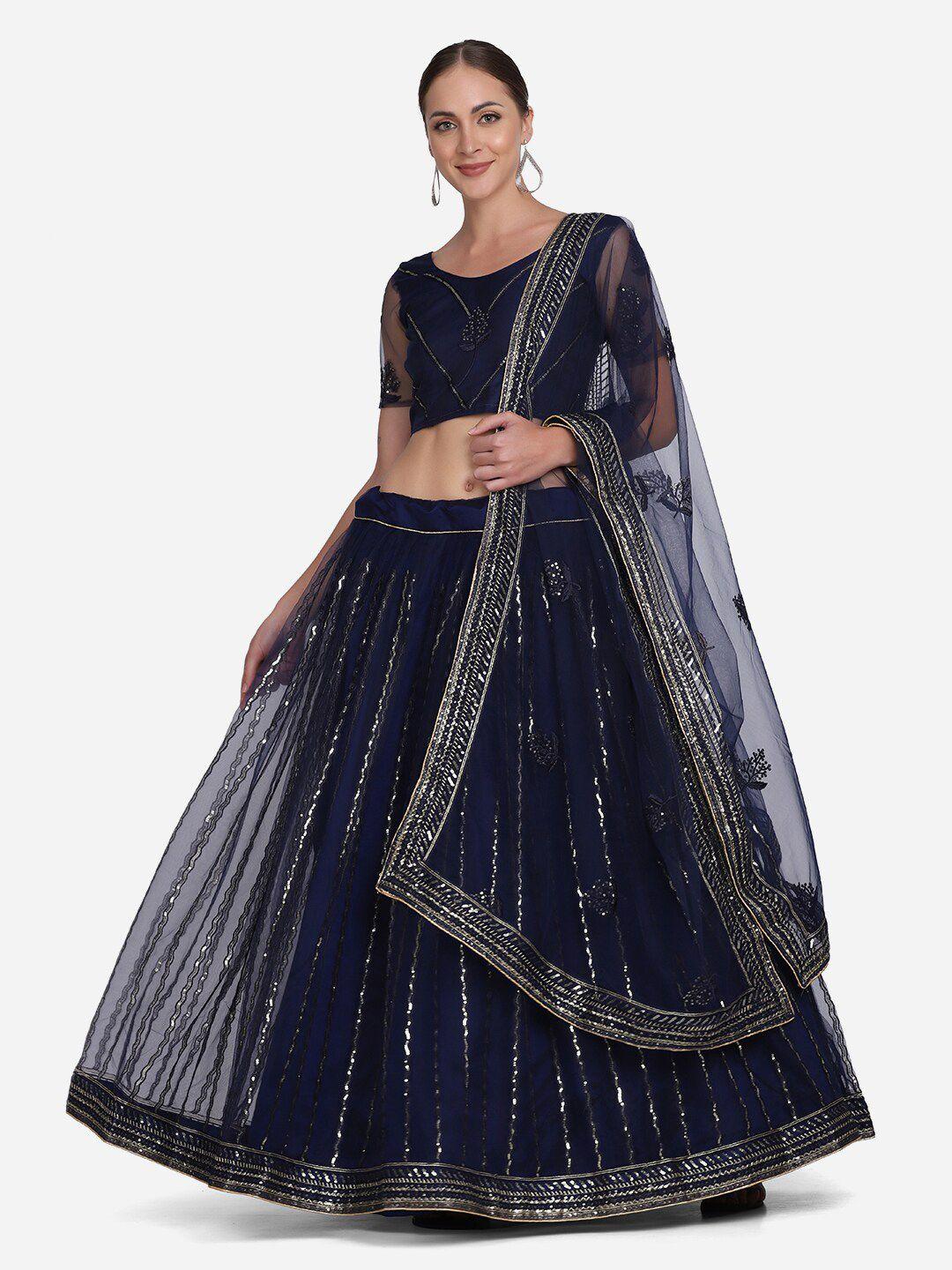 kalini navy blue & gold-toned embroidered sequinned semi-stitched lehenga & unstitched blouse with dupatta